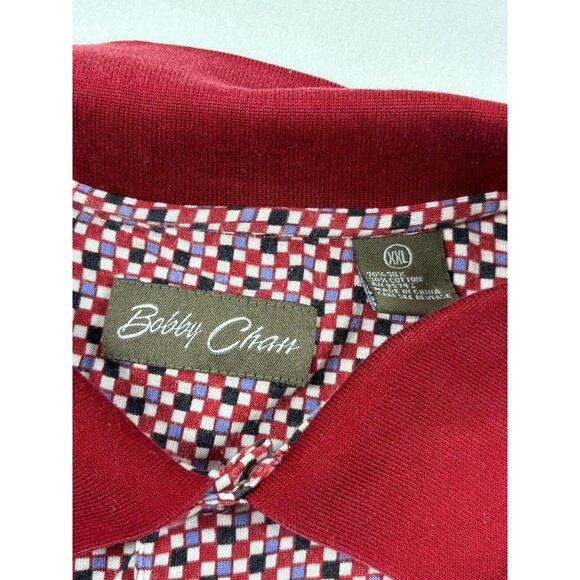 Bobby Chan Polo Shirt XXL Red Geometric 70% Silk 30% Cotton Short Sleeves - Picture 4 of 8
